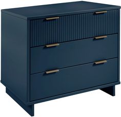 a blue dresser with three drawers and two brass pulls on the bottom, against a white background