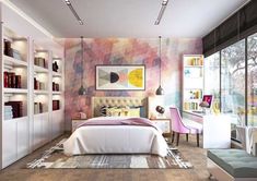 the bedroom is decorated in pastel colors