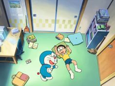 a cartoon character is laying on the floor next to another character in an office setting