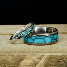 "Specifications (Men's Ring): - 2mm Metal - 4mm Full Turquoise - 2mm Metal The total width of this ring is 8mm, Comfort Fit Specifications (Women's Ring): - Raw Cut Turquoise Channel Ring The total width of this ring is 3mm, Standard Fit - INCLUDE RING SIZES IN NOTE TO SELLER Want to buy just ONE ring? Here's the link to buy: Individual Men's Ring: https://www.etsy.com/listing/949683380/mens-ring-titanium-with-turquoise-stone Individual Women's Ring: https://www.etsy.com/listing/970717995/womens Channel Ring, Titanium Rings For Men, Rings Silver, Ring Stone, Men's Ring, One Ring, Engraved Rings, Rough Cut, Turquoise Stone