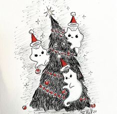 a christmas tree with bears around it and santa's hats on its top is surrounded by other bears