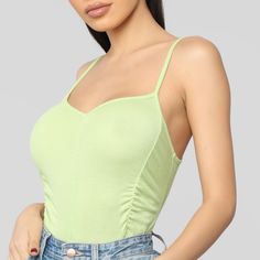 Top- Lime V Neck Ruched Tank 97% Rayon 3% Spandex Trendy Elastane Tank Top For Spring, Casual Green Elastane Top, Green Elastane Summer Tops, Casual Green Elastane Tank Top, Babydoll Tank Top, Babydoll Tank, Dressy Tank Tops, Spaghetti Strap Tank Top, Silk Tank Top