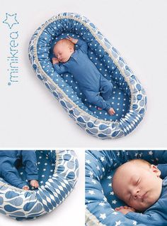 a baby is sleeping in a blue and white round bed with stars on the cover