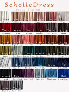 the color chart for scholledress velvet swatch in various colors and sizes