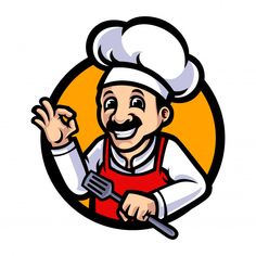 a cartoon chef holding a spatula in his right hand and pointing to the side