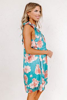 Believe us when we say you'll want this beautiful turquoise dress to be yours forever with its lightweight breezy material, large light pink/coral hued floral print, a diagonal neckline and upper back with a single bow tie closure shoulder straps, hidden side pockets, and a relaxed silhouette that falls into a straight mid-thigh length hemline! on products Measurements S : Bust 34", Hip 44", Length 31", Waist 38". M : Bust 36", Hip 46", Length 32", Waist 40". L : Bust 38", Hip 48", Length 33", W Be Mine Forever, Mine Forever, Turquoise Dress, Patent Heels, Pink Coral, Be Mine, Women Clothing Boutique, Hip Length, Online Womens Clothing