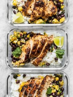 three plastic containers filled with chicken, rice and black beans