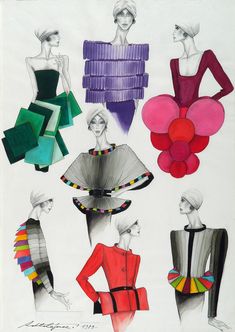 an illustration of women's hats and dresses in different colors