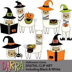 halloween llama digital clip art with pumpkins and books for kids to use on crafts