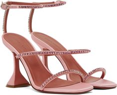 Satin heeled sandals in pink. Crystal-cut detailing throughout. · Open square toe · Partially elasticized leather straps at vamp · Adjustable pin-buckle ankle strap · Logo-embossed leather footbed · Modified stiletto heel with rubber injection · Leather sole with rubber injection · Heel: H3.5 in Supplier color: Baby pink Glamorous Leather Sandals With Square Toe, Glamorous Leather Square Toe Sandals, Pink Sandals With Sculpted Heel And Square Toe, Glamorous Pink Sandals With Sculpted Heel, Elegant Pink Sandals With Buckle Closure, Pink Sandals With Sculpted Heel For Cocktail, Pink Ankle Strap Sandals With Reinforced Heel, Pink Heeled Strap Sandals For Evening, Glamorous Pink Leather Sandals