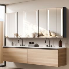 a modern bathroom with wooden cabinets and white counter tops, along with a large window