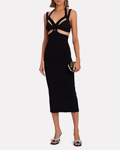 In true Dion Lee fashion this stretchy knit midi dress comes equipped with sultry cut-outs formed by strappy interlinking fabric. Wear yours for a night out with a slip-on mule and evening-ready clutch.   Fabric: 47% viscose, 29% nylon, 12% polyester, 8% cotton, 4% elastane.   Pull-over style.   Dry clean.   Imported.       Length from shoulder to hem: 42" (approximately).   Model is wearing size S.  Model height 5'11", bust 32", waist 24", hips 34". Club Midi Dress With Cutout, Chic Midi Bandage Dress For Club, Chic Midi-length Bandage Dress For Clubs, Chic Midi Length Bandage Dress For Club, Bodycon Cutout Midi Dress For Club, Club Bodycon Midi Dress With Cutout, Evening Bandage Dress With Cutout, Strappy Bodycon Evening Dress, Chic Evening Bandage Dress With Cutout