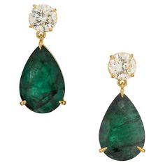 Spectacular emerald and diamond dangle earrings. 2 GIA pear shaped emeralds one weighing 8.04 carats and other one at 7.51cts, set in 18k yellow gold three prong settings. Both gemstones have a rich green color, one stone has minor clarity enhancements and one has moderate clarity enhancement. Both stones are complimented with 2 GIA certified round brilliant cut diamonds that are well matched with great brilliance and warmth that brings out the 18k yellow gold of the settings. Designed and craft Luxury Pear-shaped Gemstone Jewelry, Gold Dangle Earrings, Diamond Dangle Earrings, Jade Earrings, Rich Green, Diamond Gold, Gold Earrings Dangle, Emerald Diamond, Gold Pearl