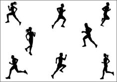 the silhouettes of running people in various poses, including one man and two women