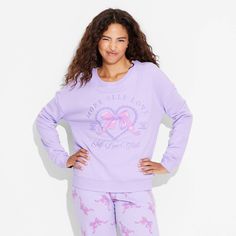 Upgrade your casual wear collection with Women's Self Love Bow Cozy Graphic Sweatshirt – Purple. Features self-love club graphics that gives a cool vibe. Made of cotton mixed with polyester along with fleece fabric, it makes it easy to wear throughout the day. Wear this sweatshirt with your favorite pair of jeans for a weekend getaway or a casual outing with friends. Purple Graphic Print Tops For Loungewear, Fall Crew Neck Sleepwear, Purple Letter Print Tops For Loungewear, Purple Self Love, Target Clothes, Comfy Sweatshirt, Hem Style, Pink Sweatshirt, Weekend Getaway