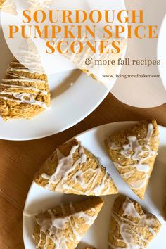 pumpkin spice scones with white frosting on plates