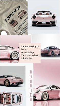 an advertisement for porsche cars with pink and white stripes on the front, side, and back