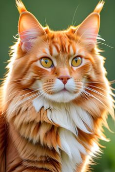 an orange cat with yellow eyes sitting in the grass