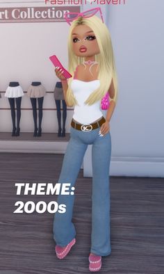 a barbie doll holding a cell phone in her right hand and looking at the camera