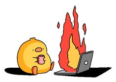 a cartoon character sitting in front of a laptop computer with flames coming out of it