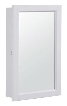 a white medicine cabinet with a mirror on the front and bottom panel, against a white background