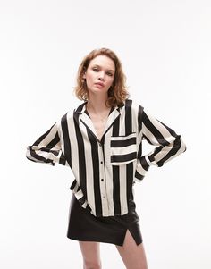 Tops by Topshop Welcome to the next phase of Topshop Camp collar Button placket Chest pocket Relaxed fit T Shirt Crop Top, Revere Collar, Maxi Shirts, Monochrome Fashion, Stripe Shirt, Satin Shirt, Casual Stripes, Poplin Shirt, Online Shopping Clothes