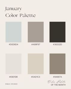 the january color palette is shown in shades of gray, brown and white with text that reads