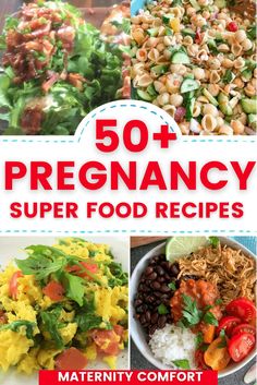 the cover of 50 + pregancy super food recipes, with pictures of different foods