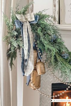 French Cottage Gold Bells Beaded Garland Christmas Mantle Live Oak Nest Cottage Christmas Decor, French Country Christmas, Blue Christmas Decor, Cottage Christmas, Christmas Mantle, Live Oak, French Cottage, Coastal Christmas, Christmas Mantels