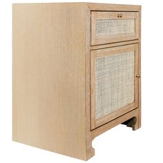 a wooden cabinet with rattan doors and drawers on one side, against a white background