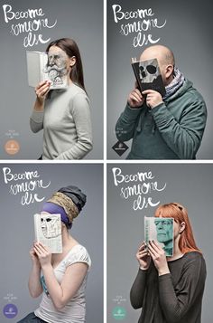 four different images of people with masks on their faces, one holding a book and the other reading