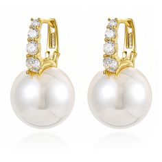 PRICES MAY VARY. ♥Elegant Design♥ 12mm big white round pearl with glitter 5A Cubic Zirconia and dainty gold plated leverback, they are so delicate and classic, wearing these drop earrings make you looks elegant and delicate. ♥Material♥ These pearl drop earrings are made of 925 sterling silver and 5A high-quality Cubic Zirconia, hypoallergenic and nickel free, never mind allergy, best choice to protect your ears. ♥Pearls♥ Shell pearls are made from natural Mother of Pearl. They are cut and shaped Cubic Zirconia Round Pearl Earrings For Party, Cubic Zirconia Earrings With Pearl Charm, Classic Round Pearl Earrings For Party, Round Pearl Charm Earrings For Party, Pearl White Round Beads Earrings, Pearl White Round Beaded Earrings, Gold Pearl Earrings With Cubic Zirconia, Party Earrings With Pearl Charm, Gold Cubic Zirconia Round Pearl Earrings