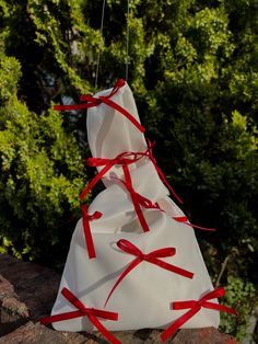 a white bag with red ribbon tied around it sitting on top of a rock in front of some trees