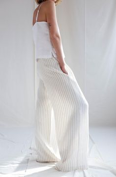 Striped linen palazzo pants / Loose wide leg linen trousers / | Etsy Stripe Pants Outfit, Linen Palazzo Pants, Wide Leg Linen Trousers, Striped Linen Pants, Loungewear Outfits, Wide Leg Romper, Linen Bottoms, Stylish Pants, Pants Loose