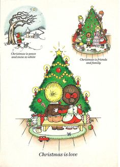 an old fashioned christmas card with children around the tree