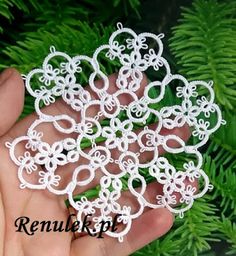 a hand holding a small white piece of lace in front of some green plants and leaves