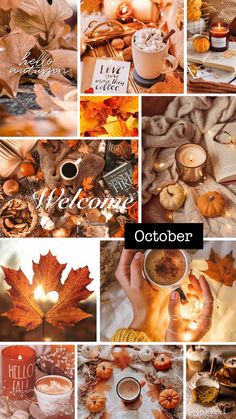 an autumn collage with leaves, candles and other things to celebrate the fall season