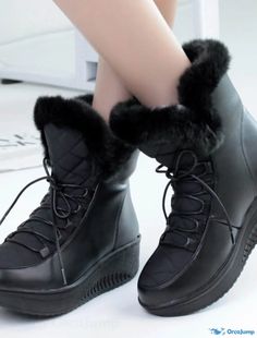 OrcaJump - Bottes dhiver solides à lacets en cuir PU Daily Outdoor à talon compensé et bout rond, bl Winter Heels, Rubber Heels, Season Winter, Wedge Heels, Pu Leather, Heel Height, Wedges, Boots, Heels