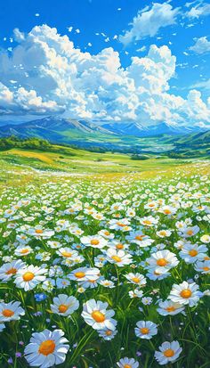 a painting of white daisies in a field with mountains in the background and blue sky