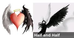 two different pictures one with an angel and the other with a heart that says half and half