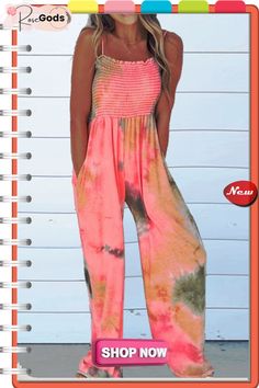 Tie Dye Print Suspenders Jumpsuit Summer Stretch Pink Jumpsuits And Rompers, Beach Multicolor Jumpsuits And Rompers With Pockets, Pink Vacation Jumpsuit With Pockets, Pink Casual Jumpsuits And Rompers For Beach Season, Casual Pink Jumpsuits And Rompers For Beach Season, Jumpsuits And Romper, Jumpsuit Fashion, Tie Dye Print, Suspenders