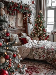 a bedroom decorated for christmas with red and white decorations on the walls, a tree in the corner