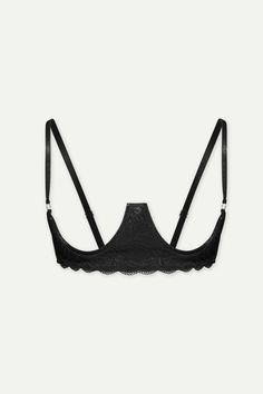 The Louis Bra is a brassiere that embodies sensuality and sophistication. Crafted with transparent fabric, satin ribbing, and delicate lace depicting palm leaves, it gracefully frames the chest while offering a back and crossed closure for a luxurious touch, elegantly framing the back as well. Pair it with the Louis Thong or Louis Ruffle Thong to complete the set. Black Delicate Lace Evening Bra, Black Delicate Lace Bra For Evening, Evening Black Bra With Lace Trim, Black Lace Trim Bra For Evening, Black Stretch Bra With Lace Closure, Evening Black Lace Trim Bra, Black Lace Bra With Adjustable Straps, Open Cup Bras, Transparent Fabric