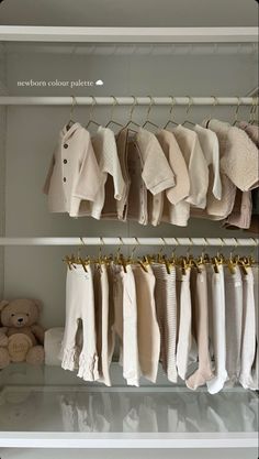 baby clothes are hanging in the closet with teddy bears