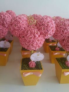 there are many pink roses in small boxes