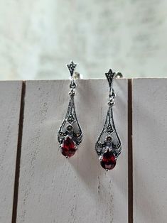 Victorian Dangle Earrings Sterling Silver Marcasite Red Glass 925 Romantic Gothic Dark Academia Speakeasy Filigree Earrings - Etsy Gothic Dark Academia, Vintage Sterling Silver Jewelry, Vintage Inspired Earrings, Sterling Silver Marcasite, Filigree Earrings, Elegant Bracelet, Earrings Red, Inspired Jewelry, Christmas Earrings