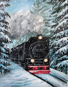 a painting of a train going down the tracks in the snow with pine trees behind it