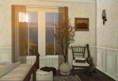 a room with a bed, chair and window overlooking the mountains in the evening sun