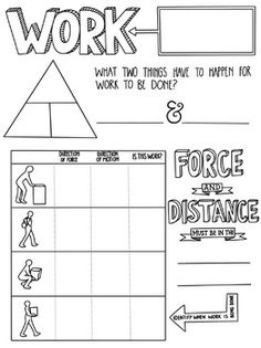 the worksheet for force and distance is shown in black and white, with an arrow