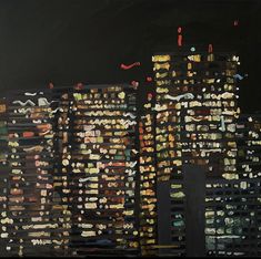 an abstract painting of city lights and buildings